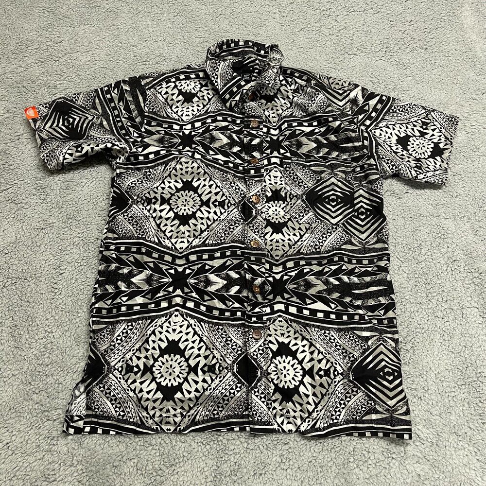 Tanoa Hawaiian Shirt Mens Small Black White Tribal Button Up